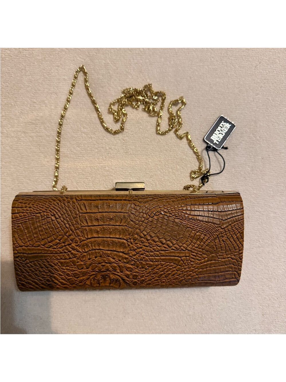 Bijoux Terner Brown Embossed Clutch with Gold Chain